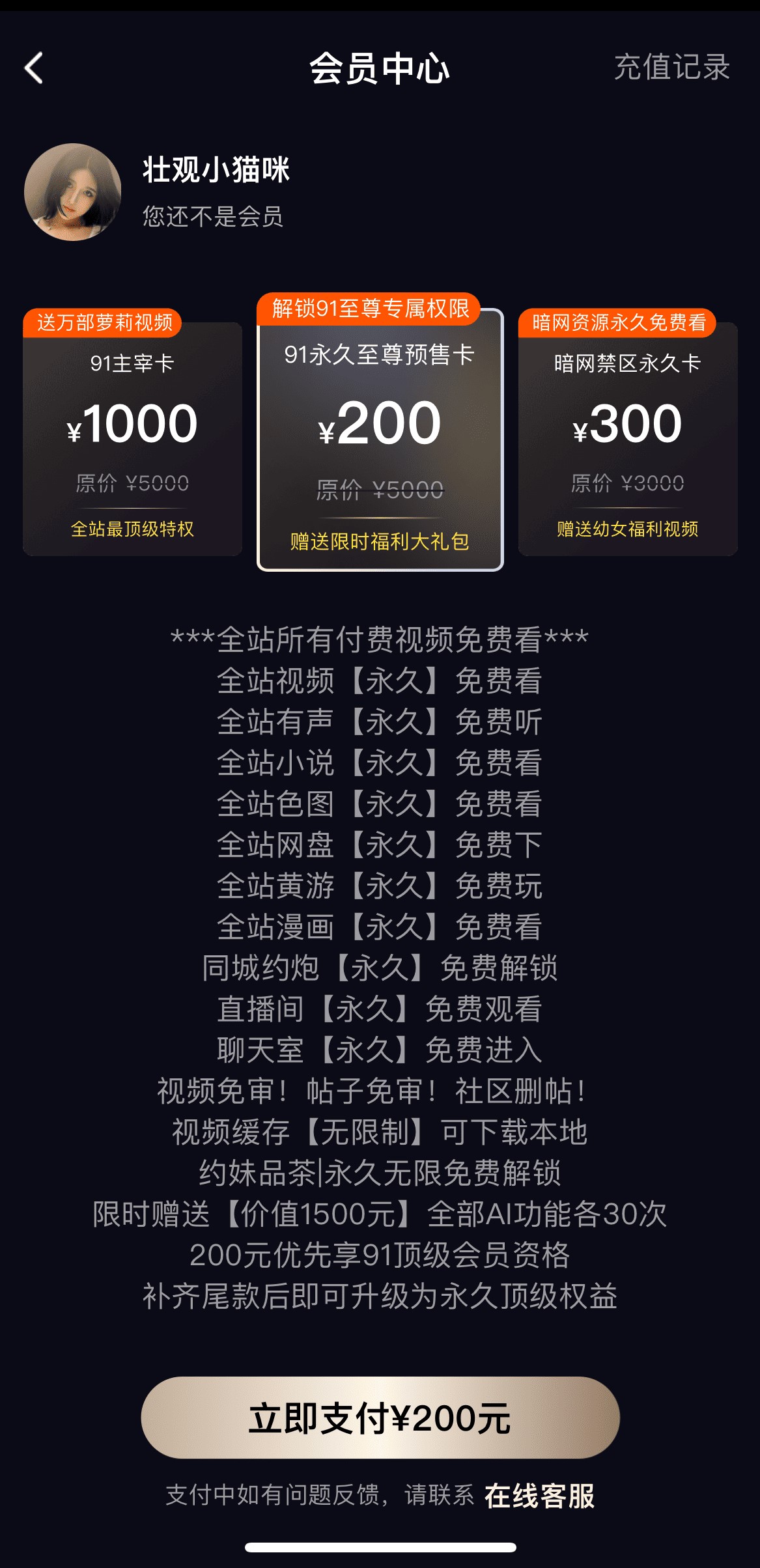 91POAPP会员开通页面VIP权益说明展示界面